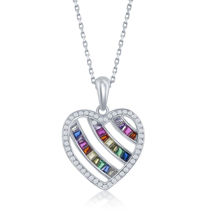 Multi-colored CZs in Three Rows in Heart Sterling Pendant - Click Image to Close